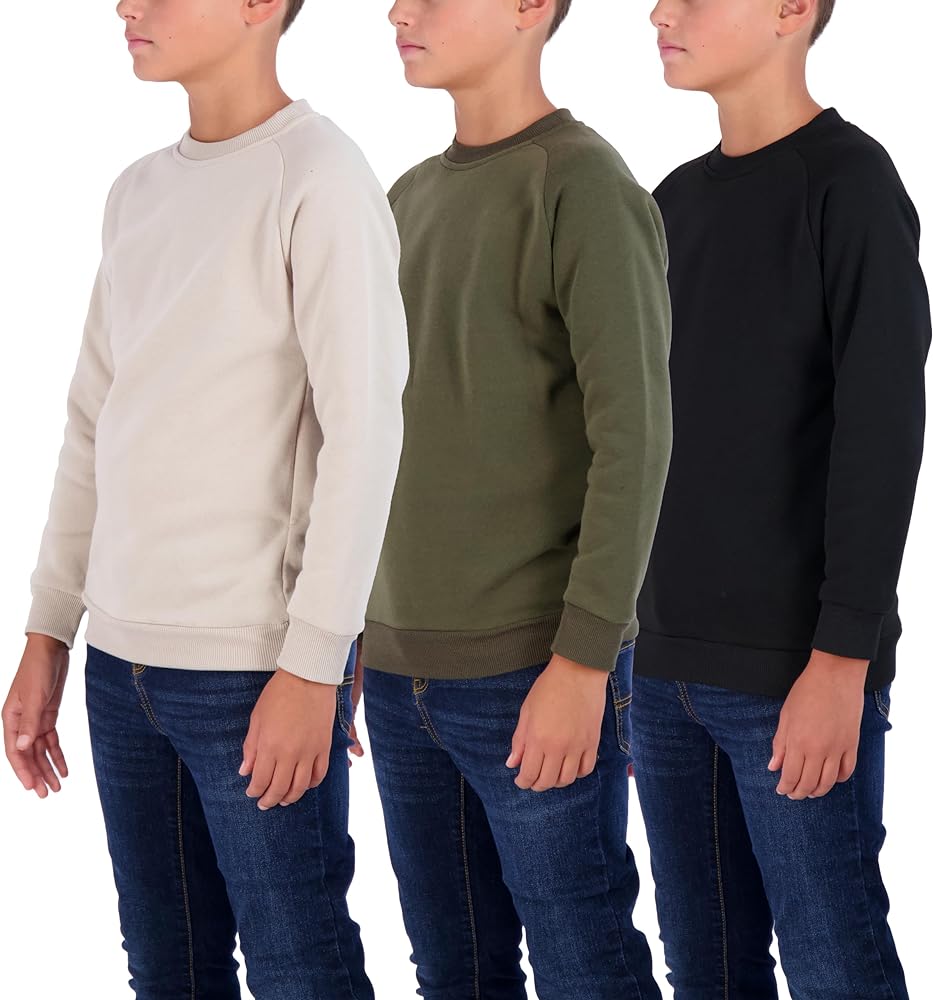 Real Essentials 3 Pack Boys' Fleece Crew Neck Long Sleeve Sweatshirt - Soft Pullover Sweaters for Youth Kids Boys & Girls