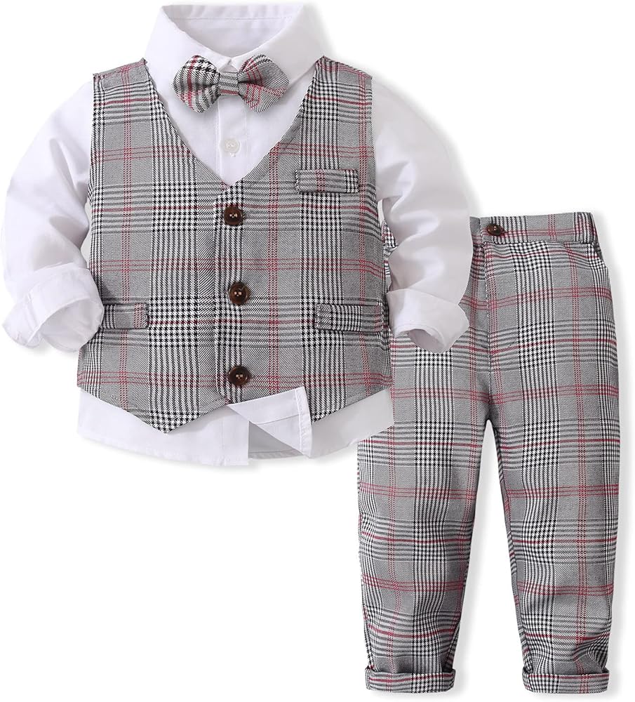 Boys 3Pcs Clothing Sets Long Sleeve Bowtie Shirts +Vest +Pants Casual Suit