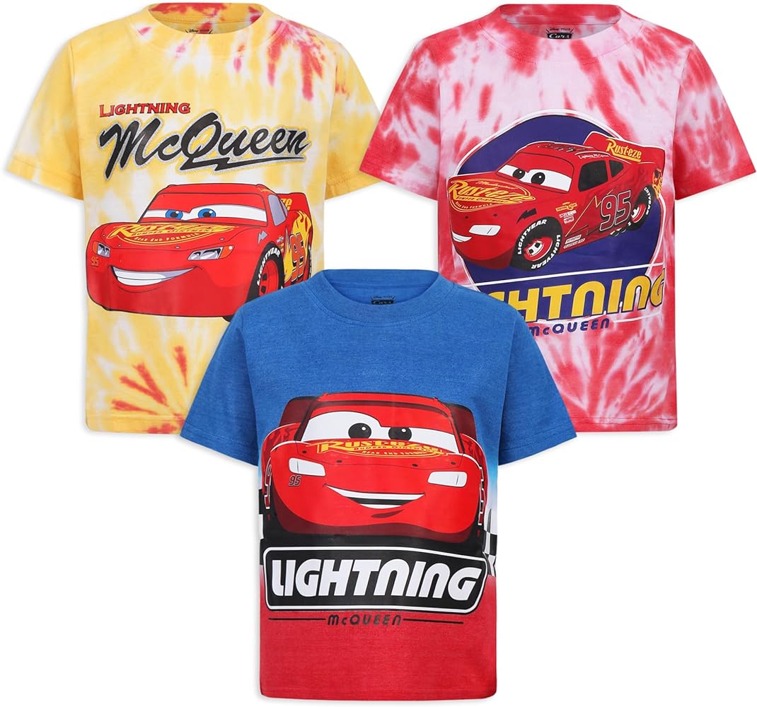 Disney Cars Boys’ 3 Pack T-Shirts for Toddler and Little Kids – Blue/Yellow/Red/White