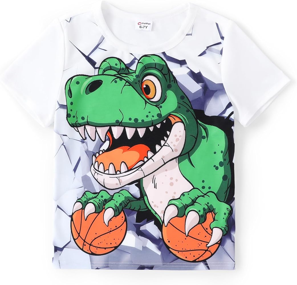 PATPAT Boys Graphic Short Sleeve T Shirts Crewneck Dinosaur Cartoon Tops White 4-10Years