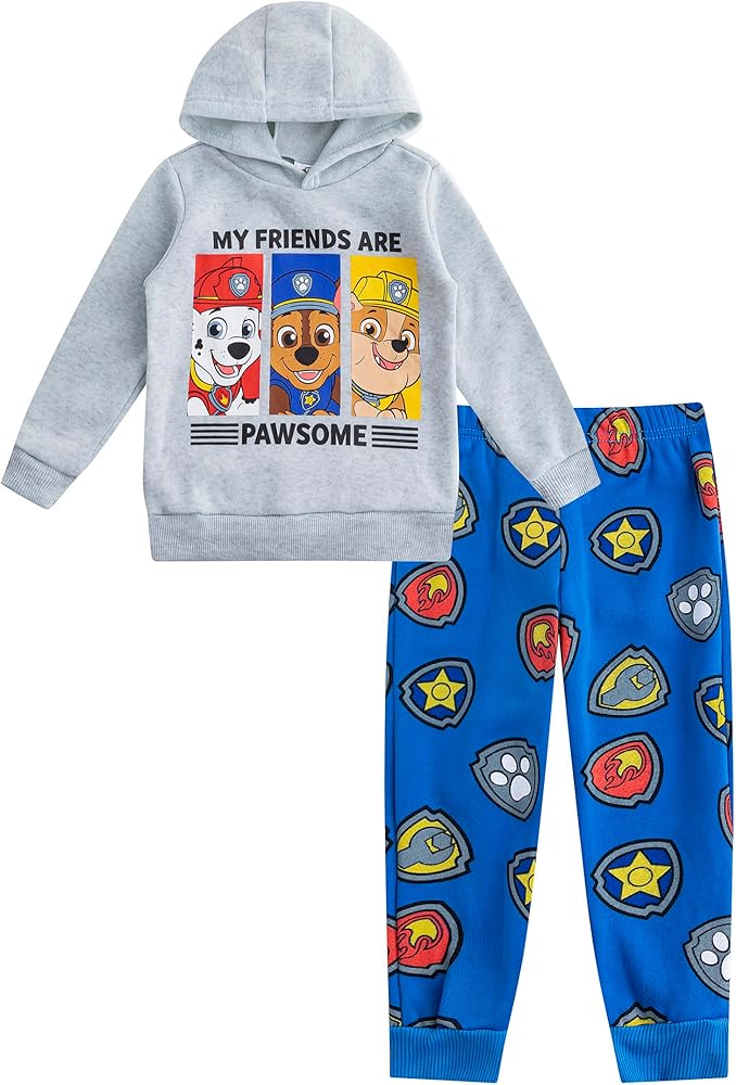 Paw Patrol Boys 2 Piece Hoodie and Pant Set for Toddlers with Marshall, Rubble and Chase – Blue/Light Grey