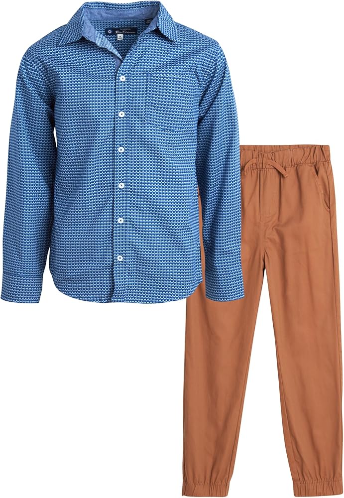 Ben Sherman Boys' Pants Set – Woven Button Down Shirt and Stretch Khaki Twill Jogger Pants Set for Boys (8-14)