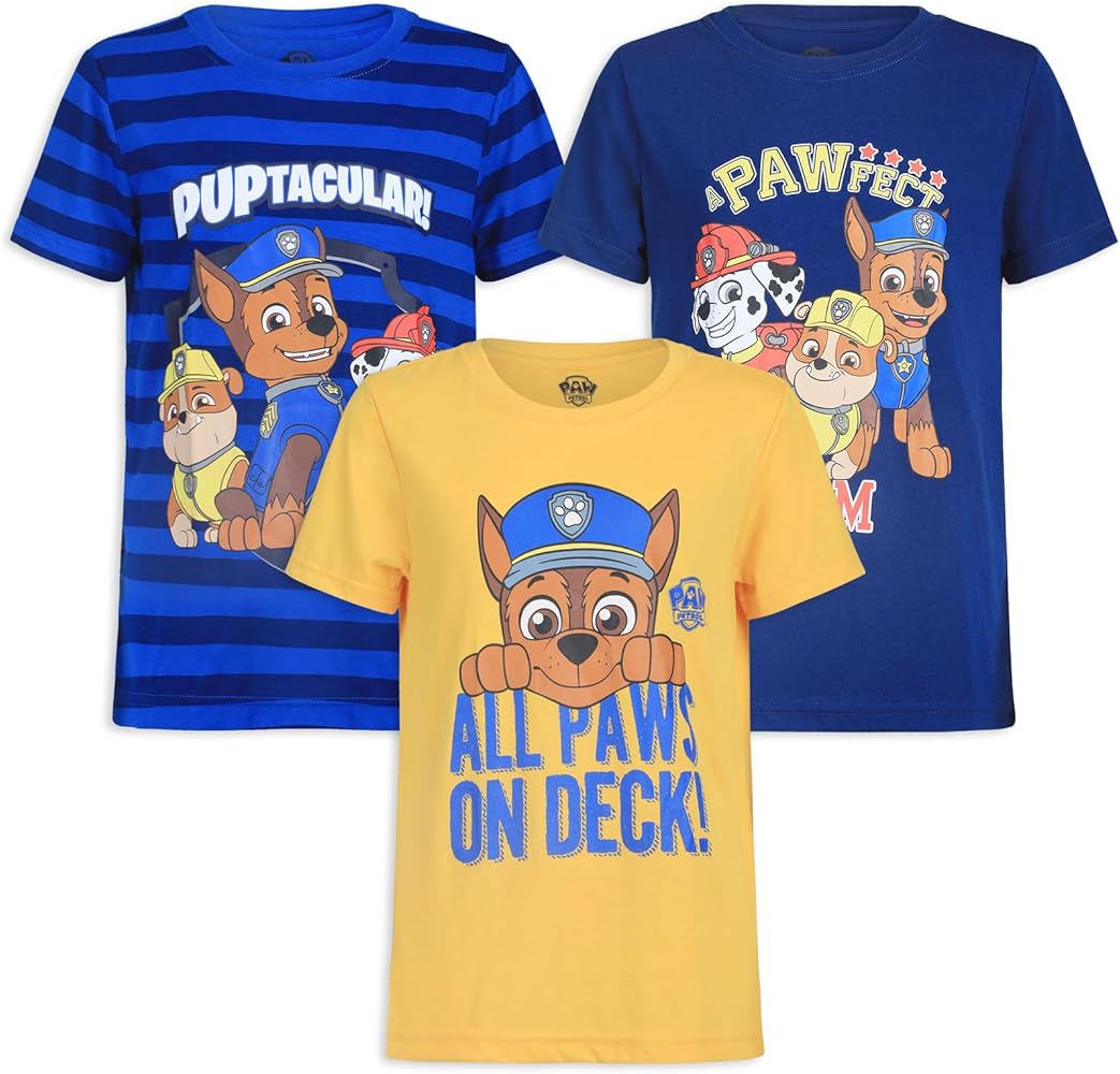 Paw Patrol Nickelodeon Chase, Marshall and Rubble Boys’ 3 Pack T-Shirts for Toddler and Little Kids – Blue/Yellow/Navy