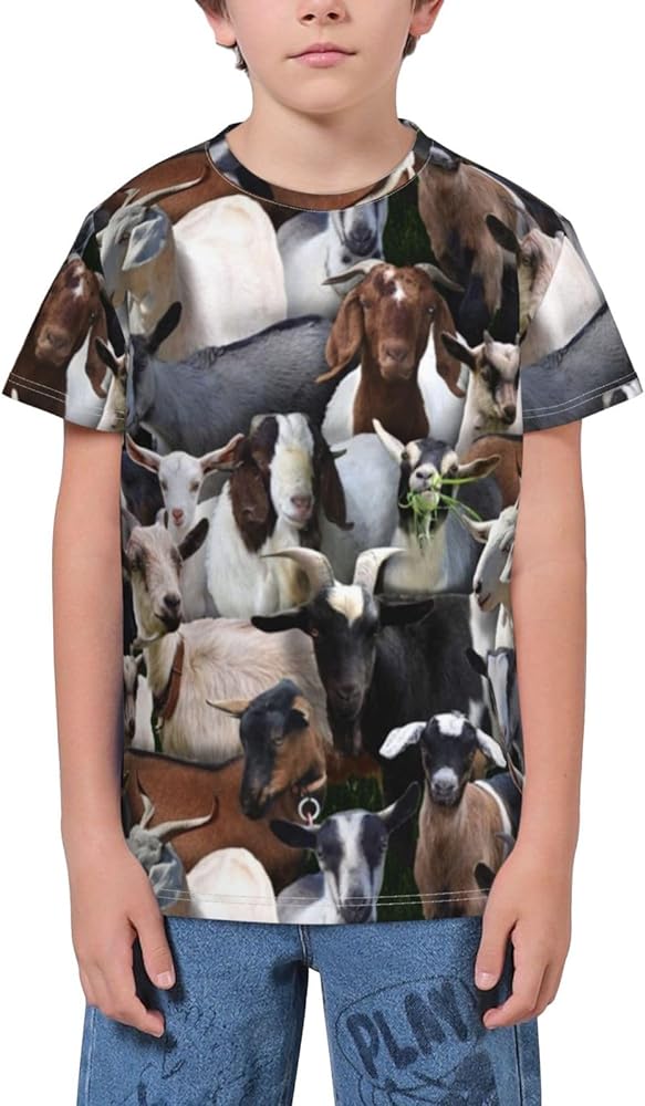 Farm Animals Goats Teen Boys Short Sleeve Crew Neck T-Shirt Casual Tee Tops for Youth Kids