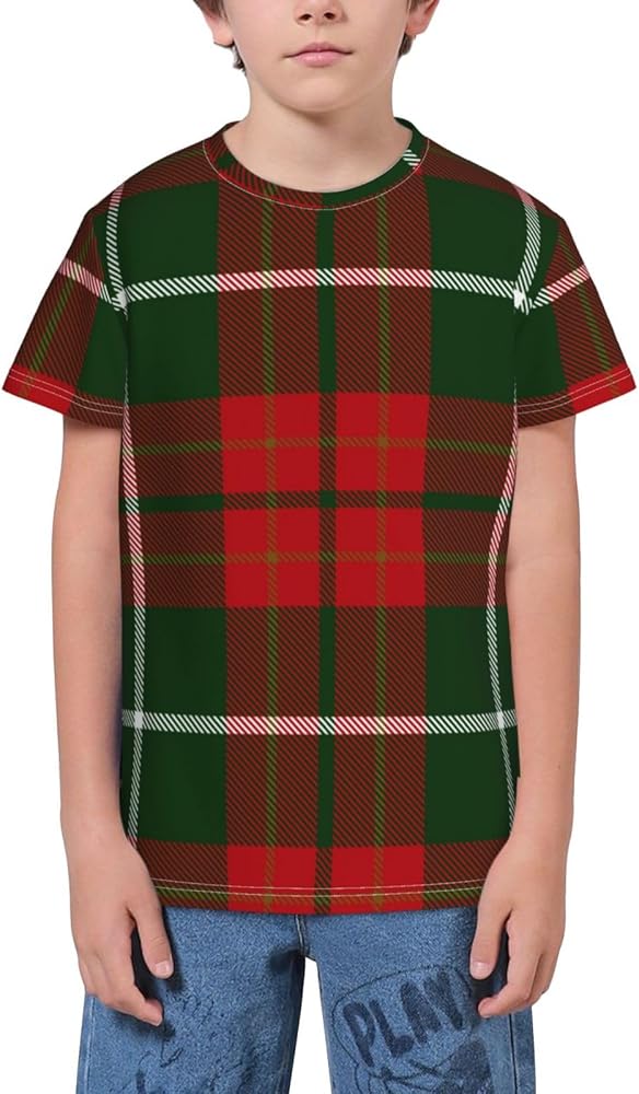 Christmas Plaid Teen Boys Short Sleeve Crew Neck T-Shirt Casual Tee Tops for Youth Kids