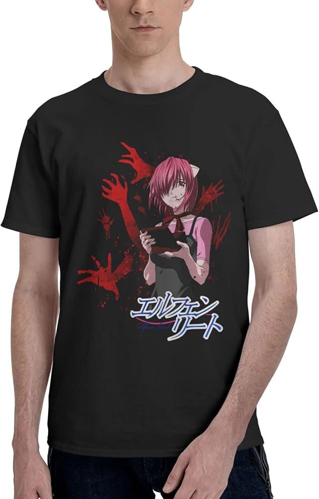 Anime Elfen Lied Blood Lucy T Shirt Men's Summer Round Neck Shirts Casual Short Sleeves Tee Black