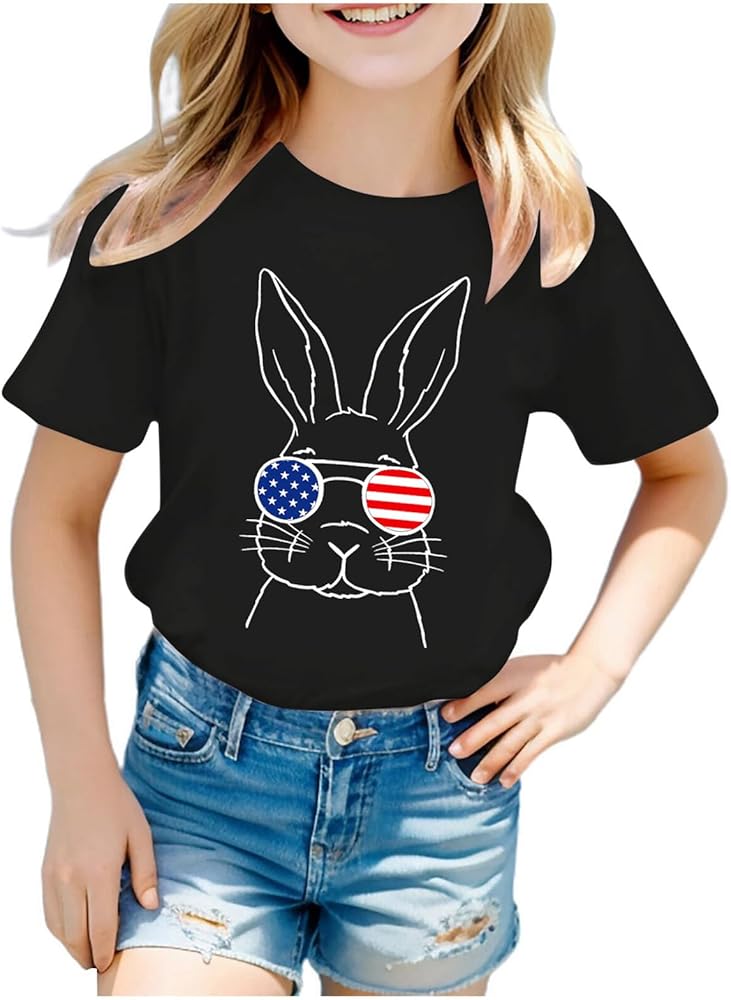 Little Boys Girls 4th of July T-Shirt Patriotic Print Funny T-Shirt Fashion Short Sleeve Crewneck Memorial Day Tees Tops 4-10 Years,Toddler Fourth of July Shirt Boy,4Th of July Kids Shirts Black