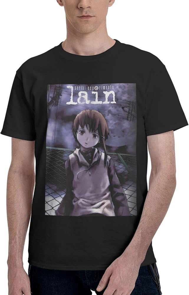 Anime T Shirts Serial Experiments Lain Man's Summer Cotton Tee Crew Neck Short Sleeve Tees Black