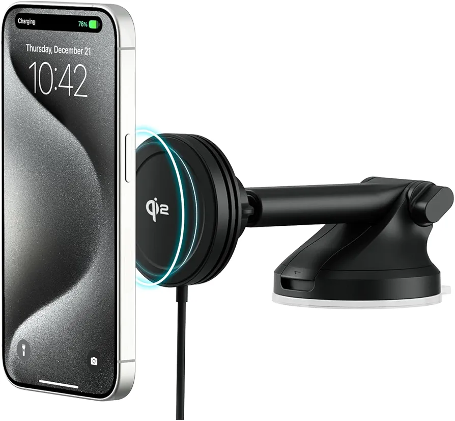 iOttie Velox Qi2 Mini 15W Wireless Charger Car Mount - Dash & Windshield Car Phone Holder - MagSafe Compatible iPhone Mount for Qi2 Smartphones (iPhone 12, 13, 14, and 15) - Car Charger Included