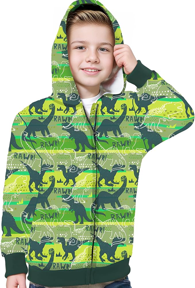 V.&GRIN Boys Zip Hoodie Sweatshirt Dino Soft Brushed Fleece Spring Kids Jacket Outerwear Clothes Size 5-14