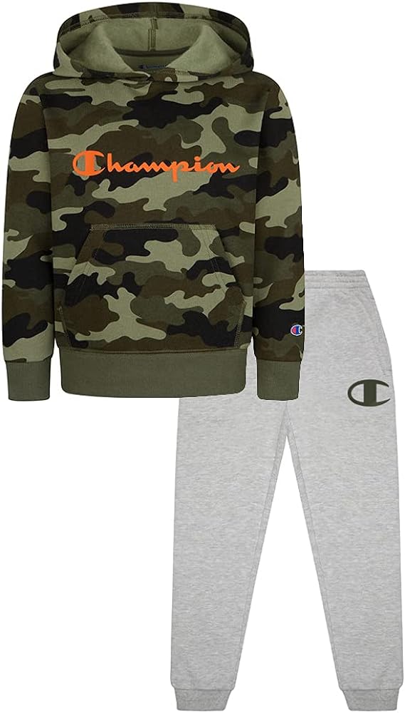 Champion Boys Hertiage 2-7 Two Piece Hooded and Crew Neck Fleece Pant Fleece Sweatshirt Sport Sets (12 Months, Cargo Olive Camo/Oxford Heather)