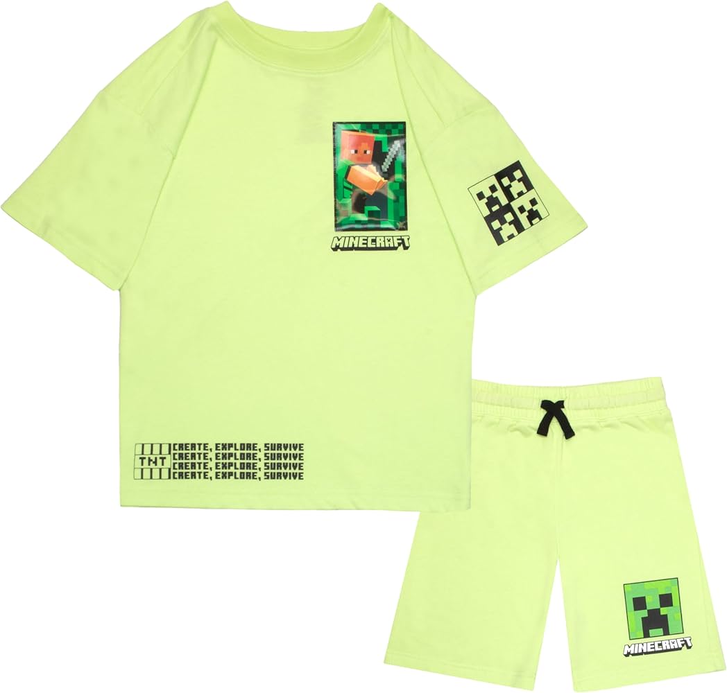 Minecraft Creeper Boys Short Sleeve T-Shirt & Shorts with Lenticular Image Changing Patch, 2-Piece Gamer Outfit Shorts Set