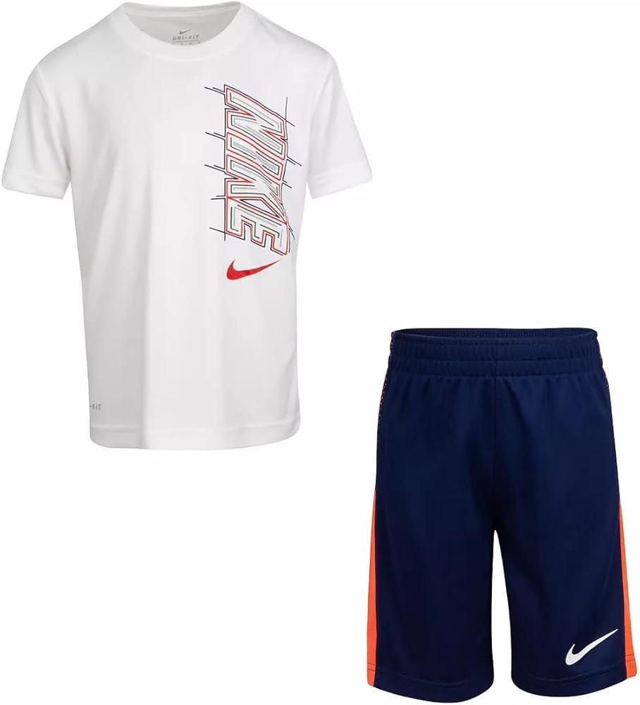 Nike Little Boys Dri-FIT Graphic Tee & Shorts 2 Piece Set (White(86H367-U9J)/B_R, 6 Years)