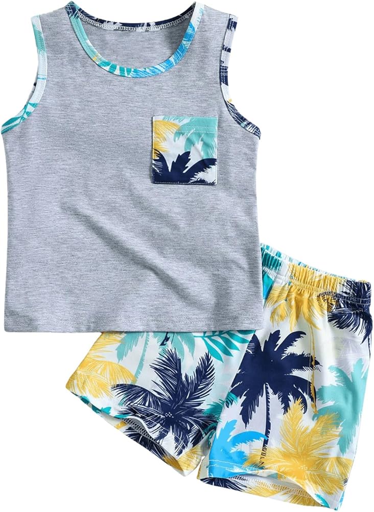 Boy's 2 Piece Outfits Tropical Print Crewneck Tank Top and Track Shorts Vacation Outfits