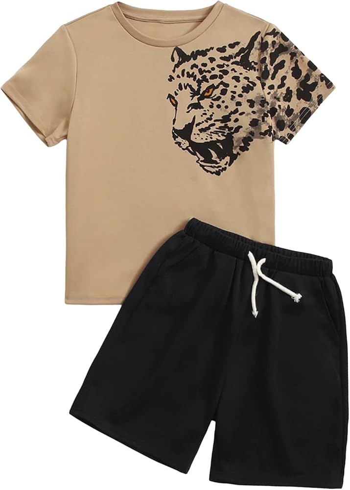 Verdusa Boy's 2 Piece Outfit Summer Leopard Print Short Sleeve Top and Shorts Set