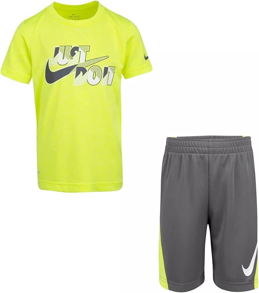 Nike Little Boys Dri-FIT Just Do It Tee & Shorts 2 Piece Set (Grey(86H819-M19)/Volt, 6, 6_Years)