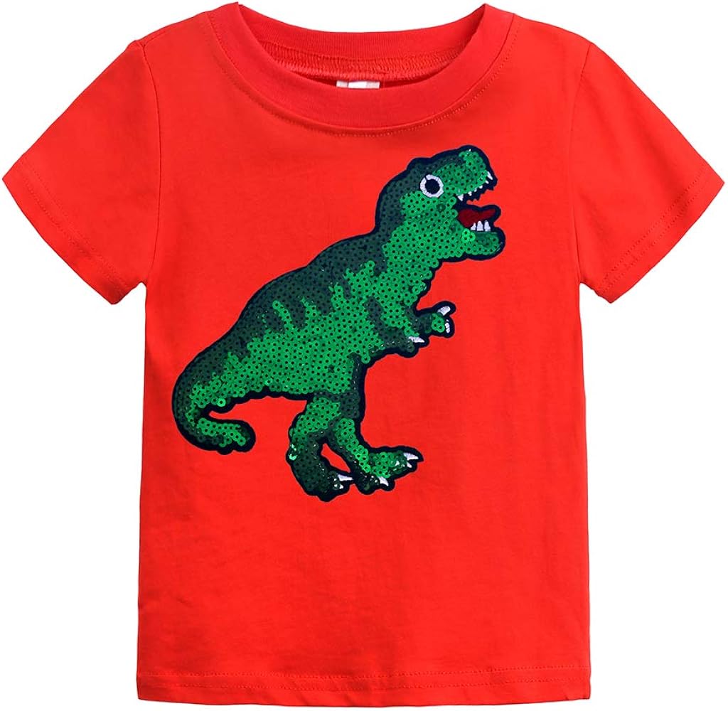 Boys Cotton Short Sleeve T-Shirt Kids Sequins T Rex Dinosaur Tees Tops