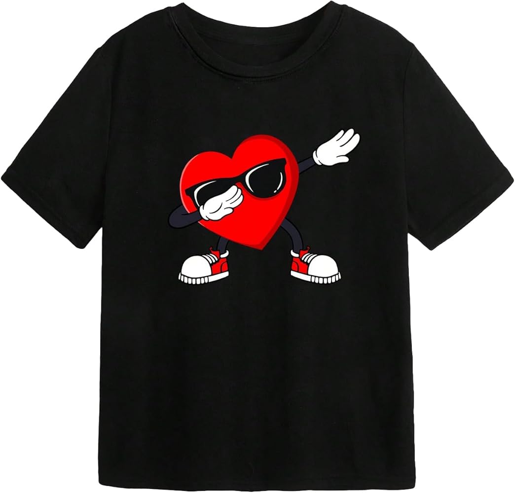 WDIRARA Boy's Cartoon Heart Print Short Sleeve Tee Round Neck Casual T Shirt Tops