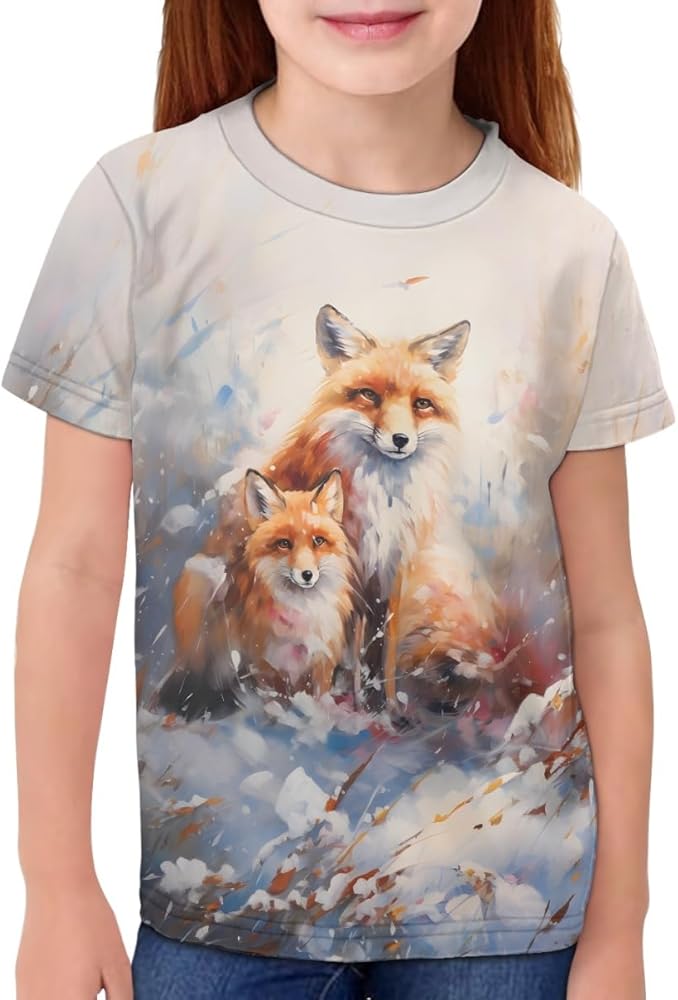 GLUDEAR Kids Tops Tees Girl Boy Novelty 3D Graphic O-Neck Short Sleeve Casual Pullover Blouse T-Shirt,Snow Fox,13-14