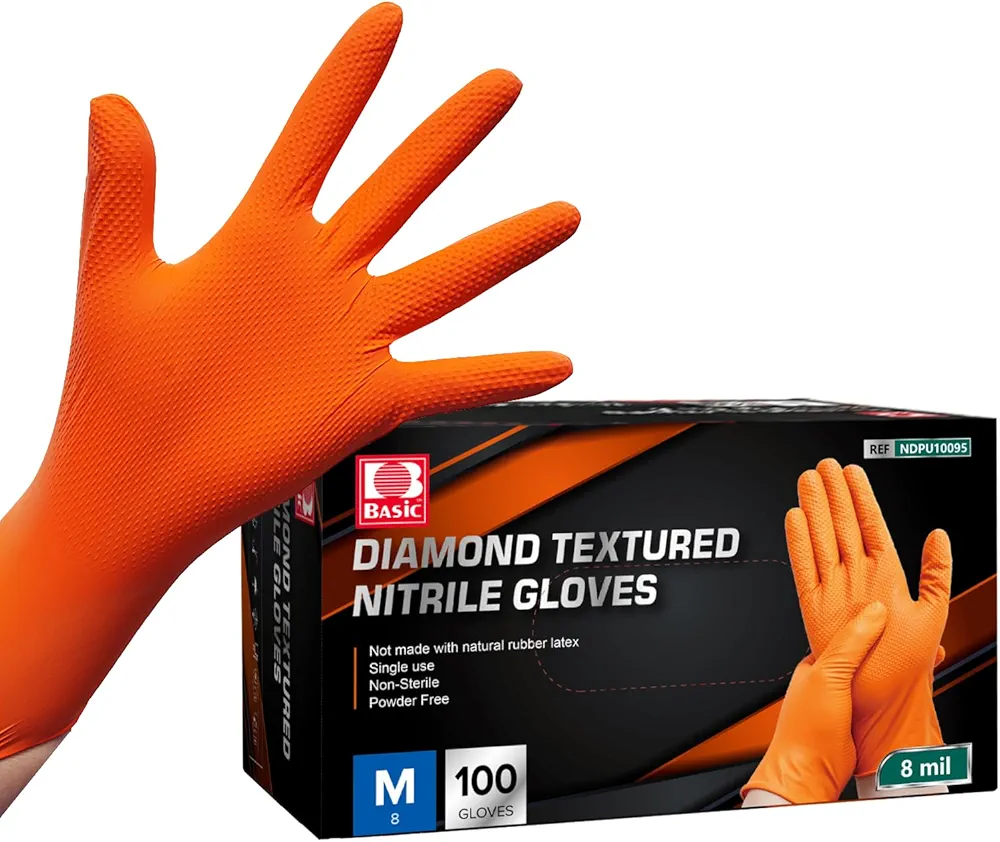 Basic Heavy Duty Nitrile Gloves Mechanic Gloves, Orange 8 Mil Nitrile Disposable Gloves Medium with Raised Diamond Texture, Latex Free, Powder Free Industrial Automotive Gloves Box of 100