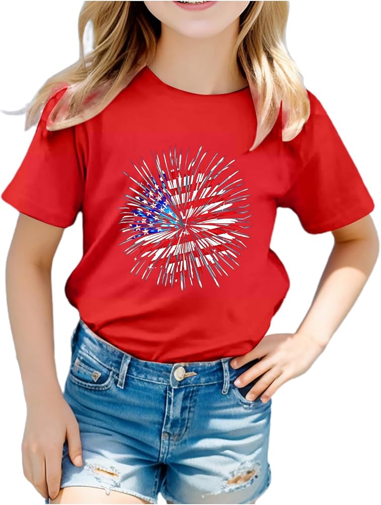 Toddler Girls Boys 4th of July T-Shirt Red White Blue Funny T-Shirt Casual Short Sleeve Round Neck Memorial Day Tees Tops 4-10 Years,Boys 4Th of July Shirts,4Th of July T Shirts for Kids