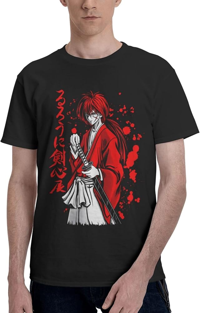 Anime T Shirts Rurouni Kenshin Men's Summer Cotton Tee Crew Neck Short Sleeve Clothes Black