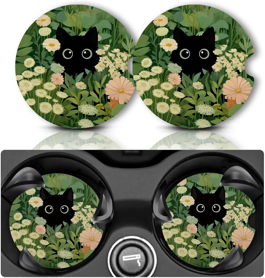 Car Coasters for Cup Holders, Car Cup Holder Coaster, Cute Car Accessories for Women Interior, 2PCS Cup Holder Coasters for Car, Anti Slip Rubber Cup Mat with A Finger Notch Flower Cat