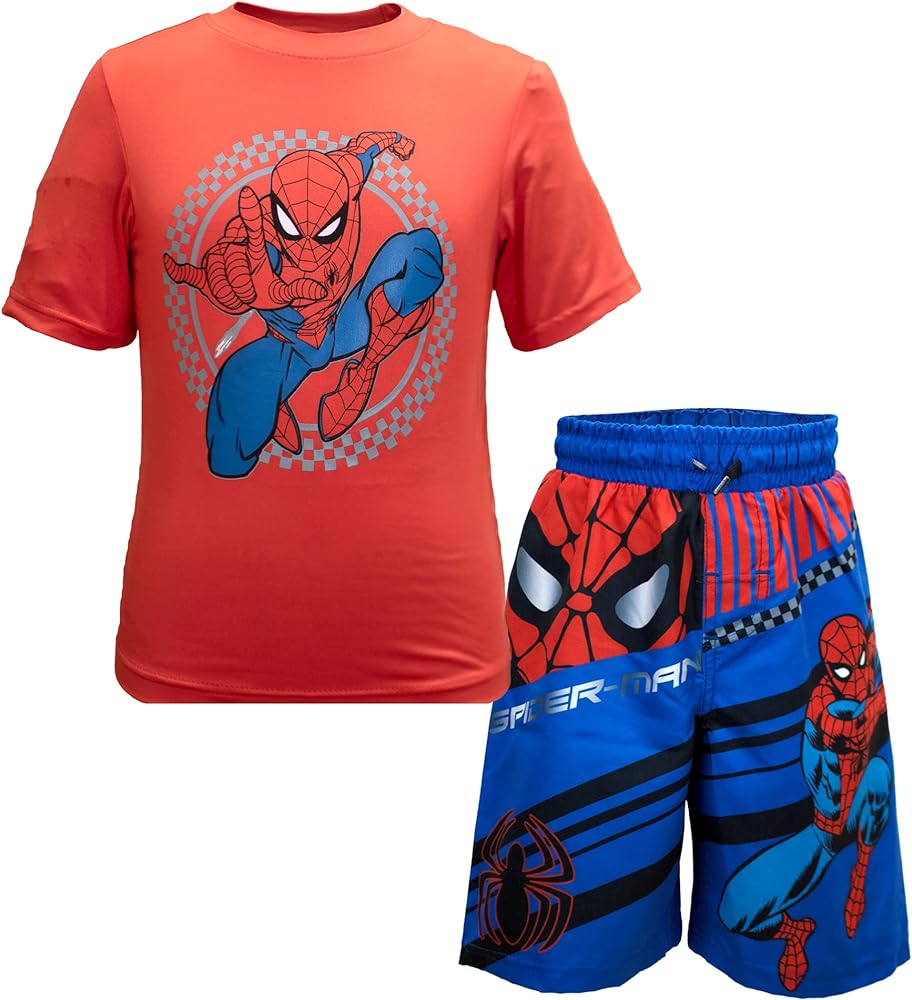 Marvel Boys Avengers Spiderman Black Panther Captain America Miles Morales 2-Piece Swimsuit Set, Rash Guard & Swim Trunks