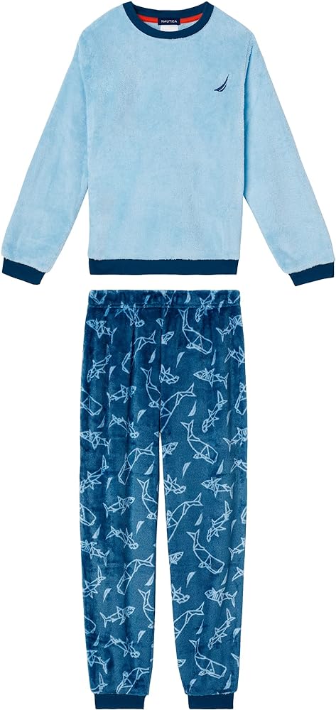 Nautica Boys Pajama Pants and Fleece Sleep Shirt Sets 2 Piece Velvet Fleece Sweatshirt and Pajamas Pant Set for Boys Sleep