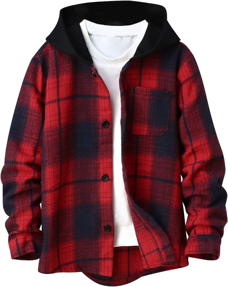 Boys Plaid Hooded Shirts Kids Long Sleeve Button Down Flannel Shirts Spring Fall Jacket Casual School Clothes 5-10 Years