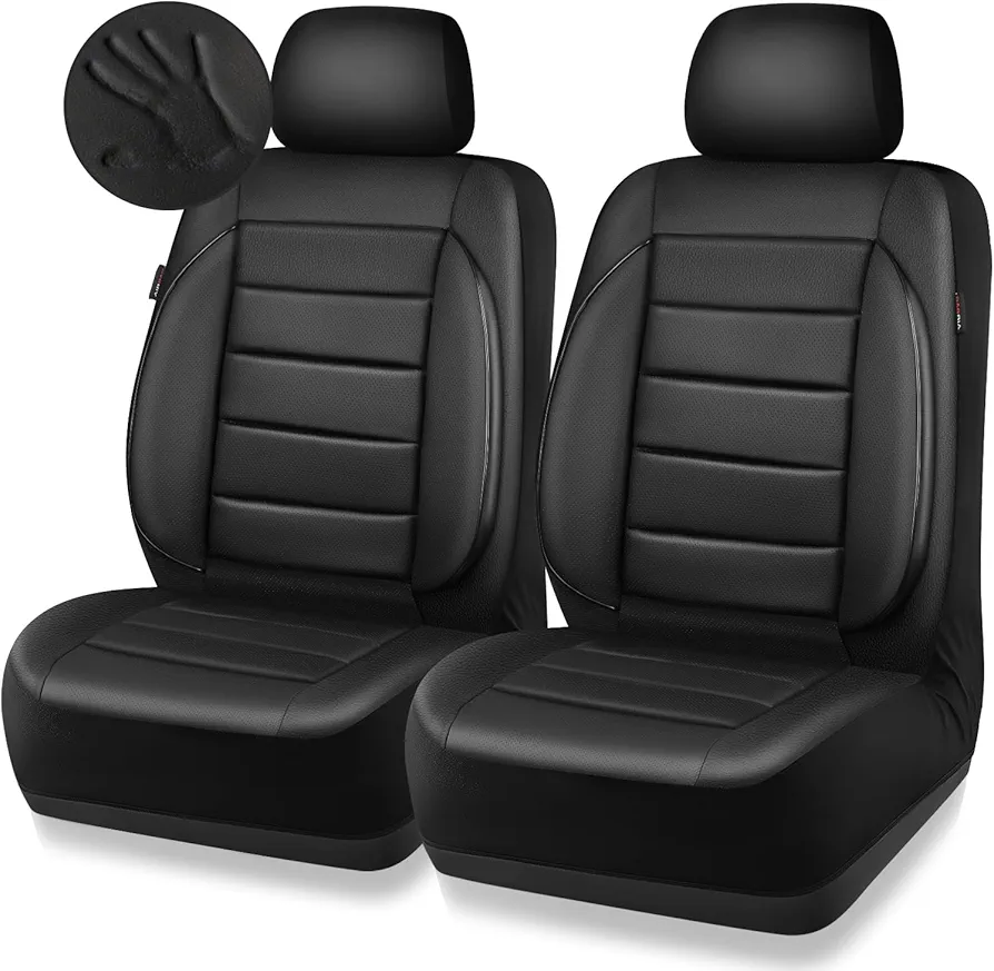 CAR PASS Leather Car Seat Covers Front Seats Only, 3D Foam Support Car Seat Covers, Universal fit for Trucks Vans SUVs Sedans Automotive Comfortable, Airbag Compatible 2 Pieces Front Solid Black