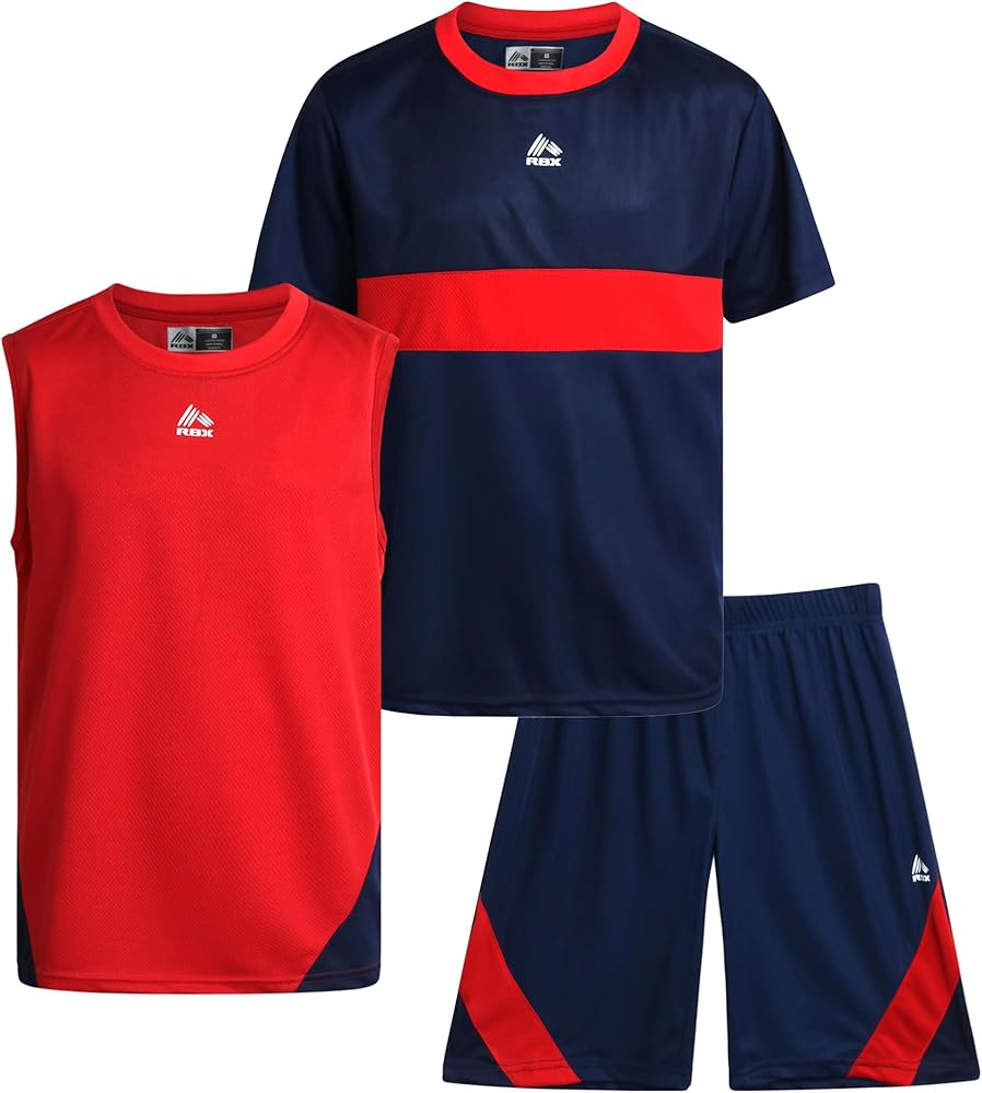 RBX Boy's Short Set - 3 Piece Performance Short Sleeve T-shirt, Tank Top and Basketball Shorts - Boys' Activewear Set (4-12)