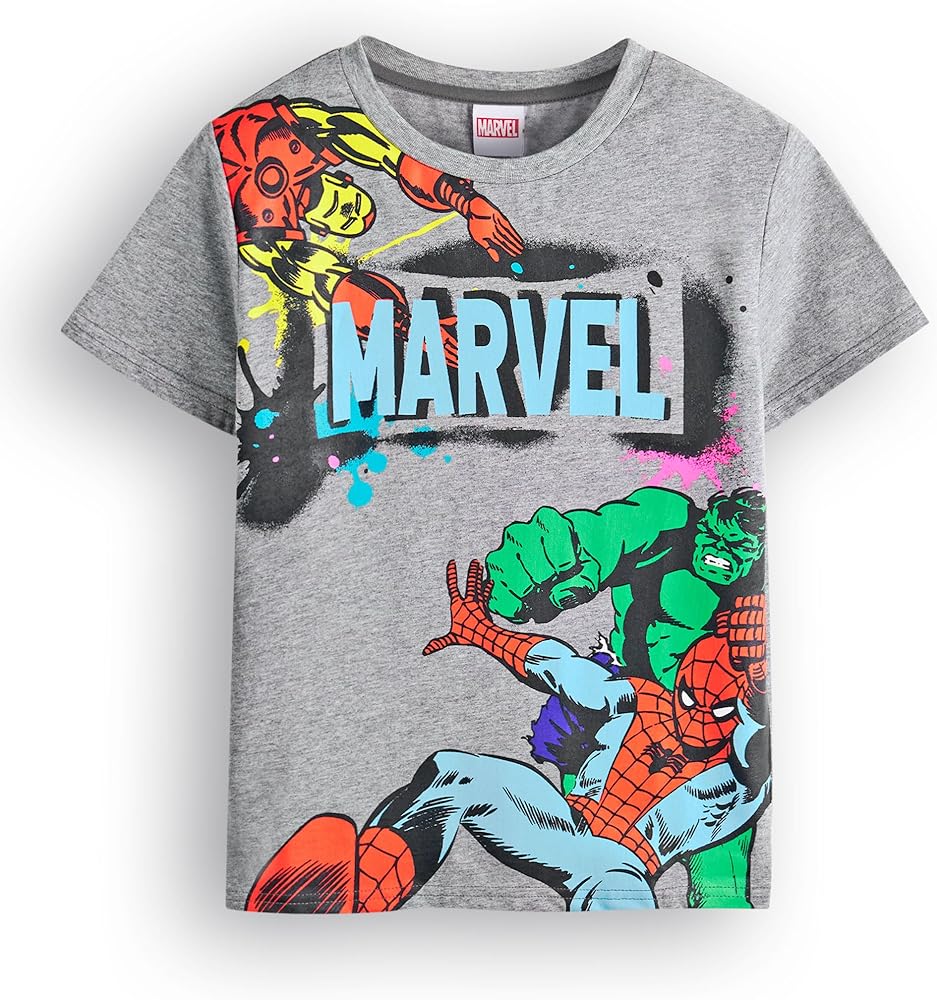 Marvel Avengers Boys T-Shirt | Kids Superhero Short Sleeve Graphic Tee in Grey | Film Movie Art Merchandise Gift