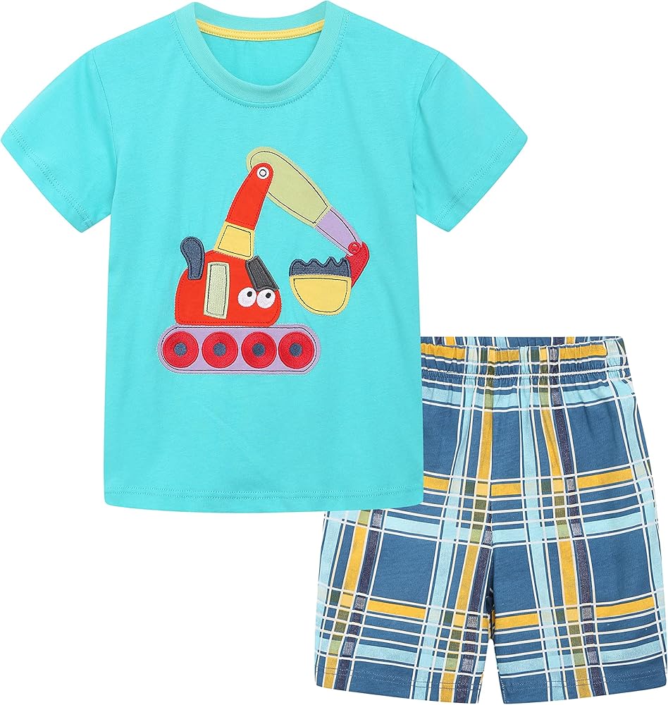 HILEELANG Toddler Boy Clothes Short Sets Kids Summer Cotton Outfits Shirt Blue Plaid Shorts Playwear Sets 3T