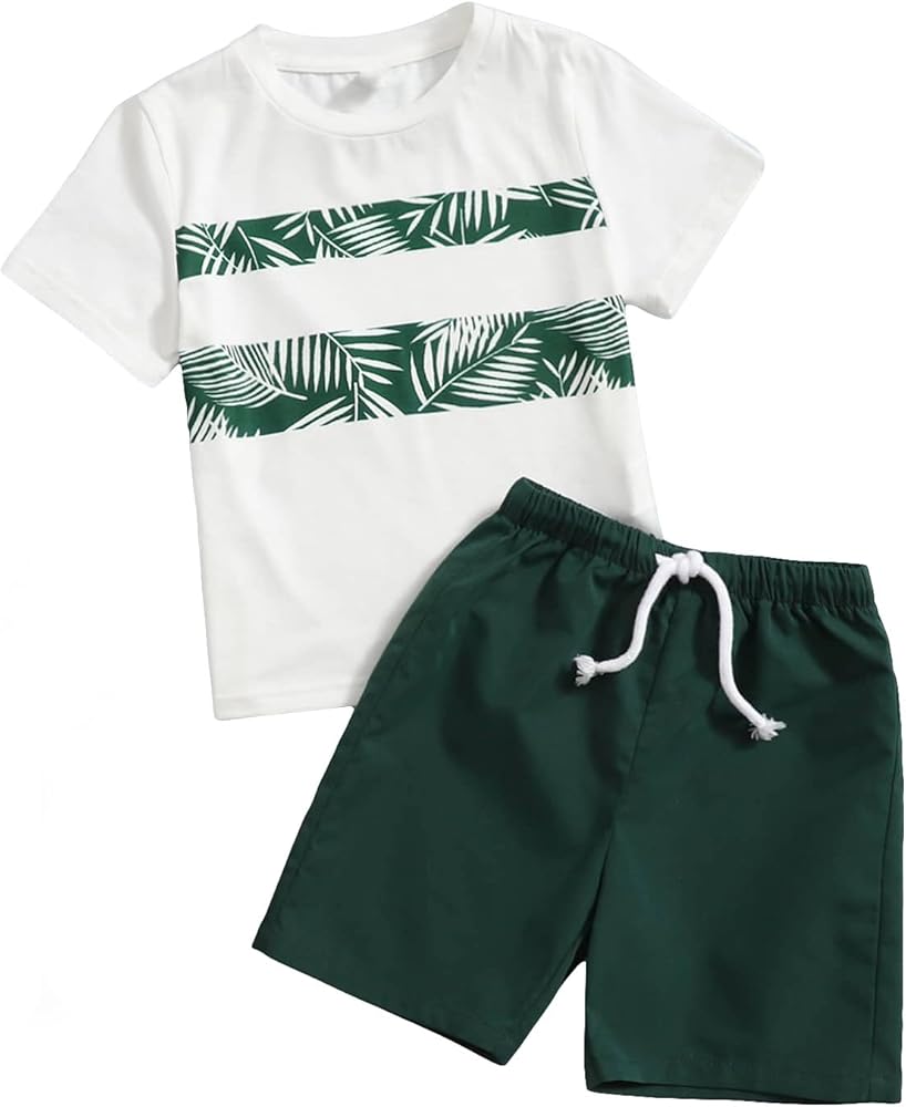 Floerns Boy's 2 Piece Outfit Tropical Print Short Sleeve Tee with Shorts Set