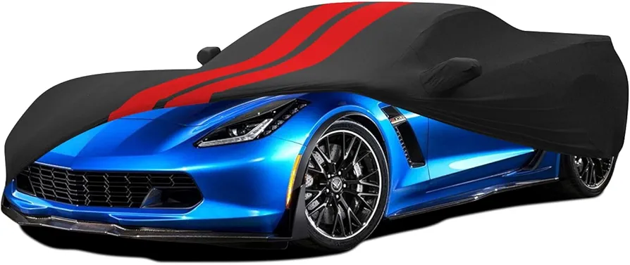 Indoor Car Cover for Corvette C5 C6 C7, Windproof Dustproof UV Protection Automobiles Full Car Cover for Car Shows and Underground Garage, Black+Red, with Storage Bag