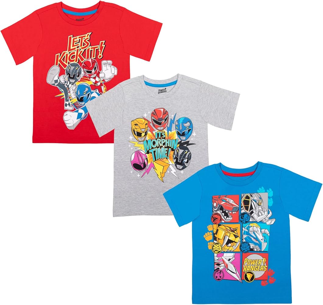 Power Rangers Red Yellow Blue Black Pink 3 Pack T-Shirts Toddler to Big Kid