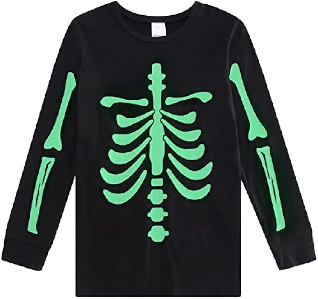 Boys Glow in The Dark T-shirt Kids Halloween Skeleton Long Sleeve Shirt Black White T-shirt for Boys Girls 4-14 Years