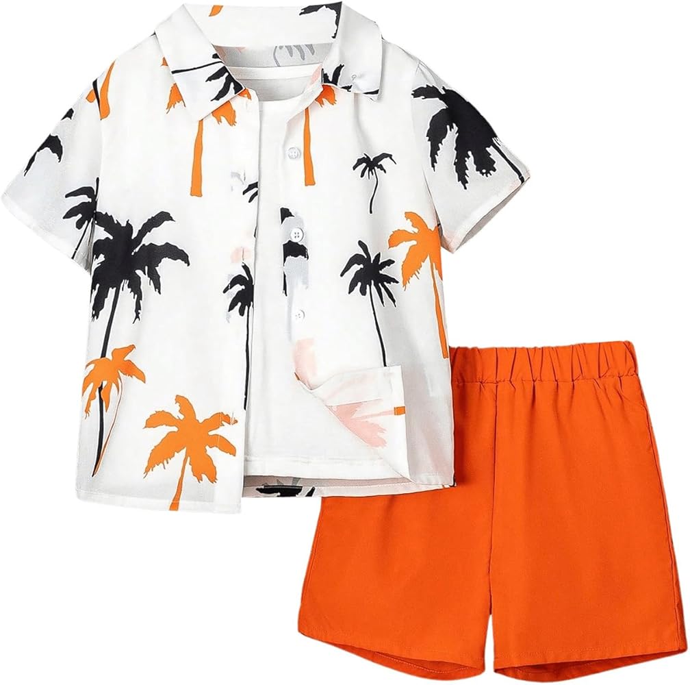 Floerns Toddler Boy's 3 Piece Outfit Tropical Print Short Sleeve Shirt Shorts Set with Hat