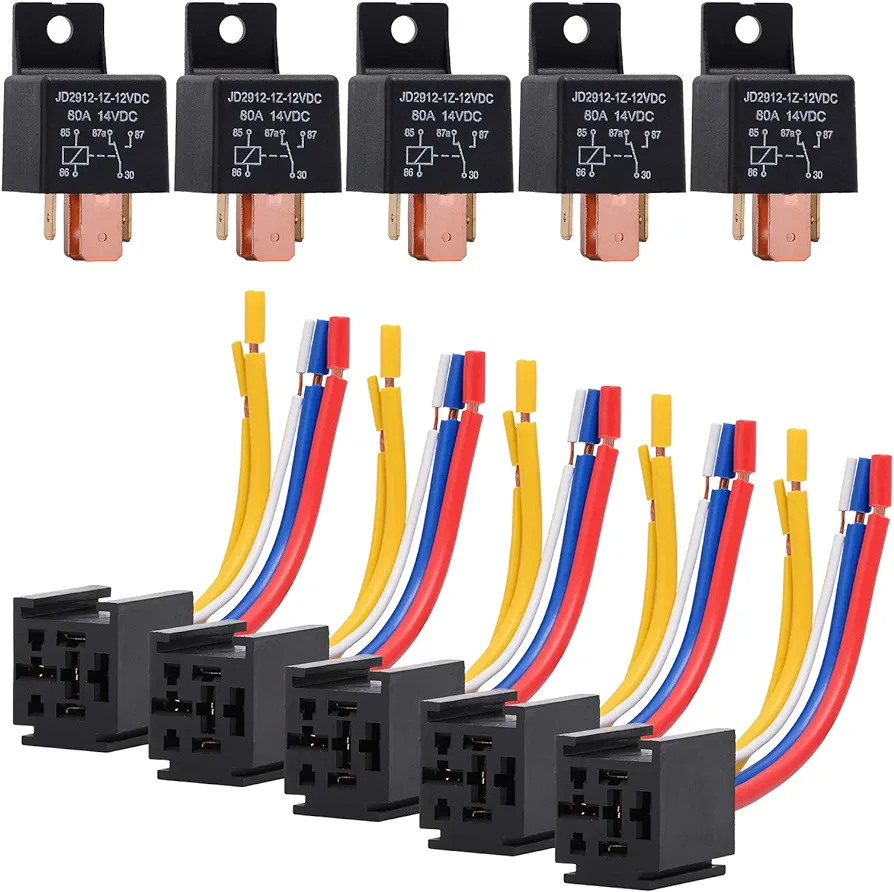 EHDIS 5 Packs Car Relay with Harness Truck Motor Heavy Duty 5-Pin 80A 12V Relay On/Off Normally Open SPDT Relay Socket Plug 5 Wire Automotive Relay JD2912-1Z-12VDC 80A 14VDC