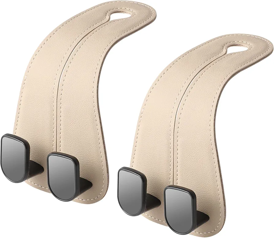 Car Headrest Hooks for Purses and Bags Cute Leather Car Seat Back Head Rest Double Hooks for Shipping Bags Cute Pink Beige Car Accessories Headrest Back Seat Handbags Hook (Beige 2 Pack)