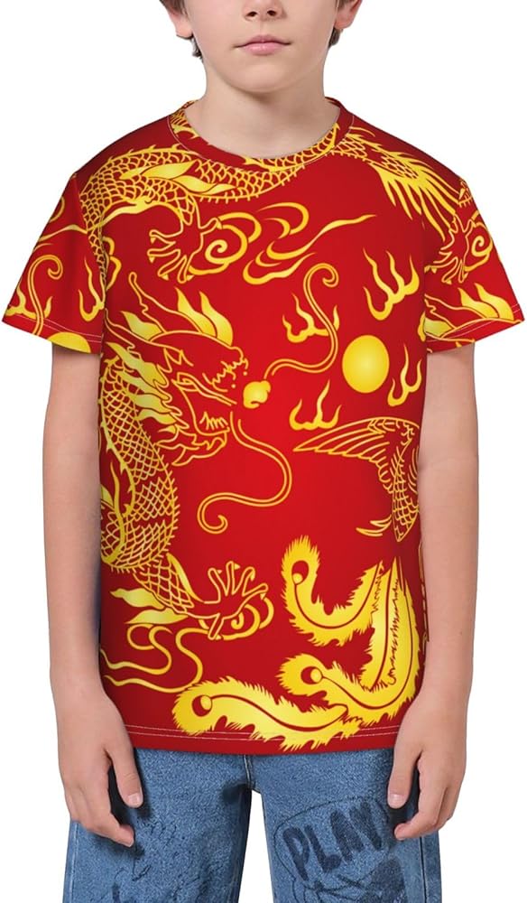 Chinese Papercuts Dragon Teen Boys Short Sleeve Crew Neck T-Shirt Casual Tee Tops for Youth Kids