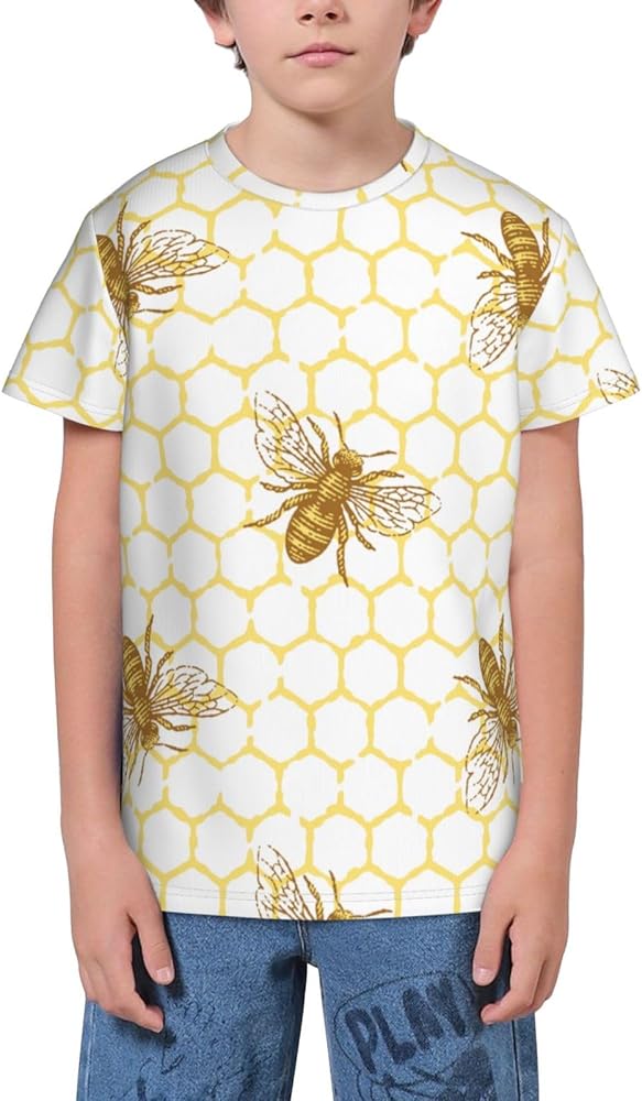 Bees Honeycomb Teen Boys Short Sleeve Crew Neck T-Shirt Casual Tee Tops for Youth Kids