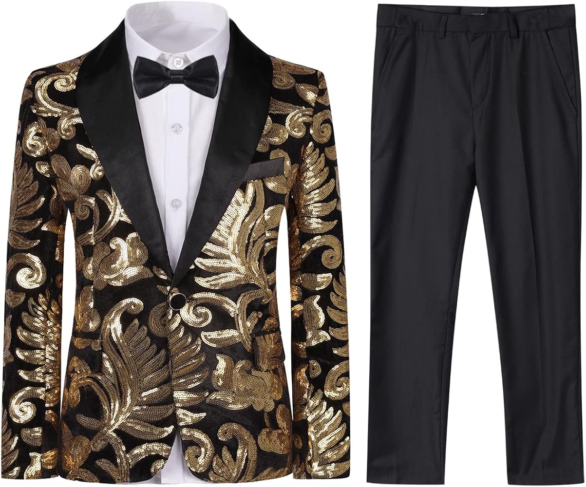 SWOTGdoby Boys Tuxedo Suit Shiny Formal Dress 2 Pieces Suit Set Paisley Blazer Pants Sequin Shawl Collar