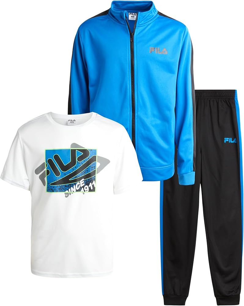 Fila Boys Active Tracksuit Set - 3 Piece Performance Tricot Sweatshirt, Jogger Sweatpants, Shirt - Activewear for Boys (8-12)