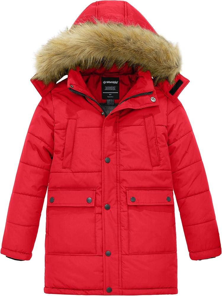 wantdo Boys' Winter Coat Long Puffer Jacket Warm Parka with Removeable Fur Hood