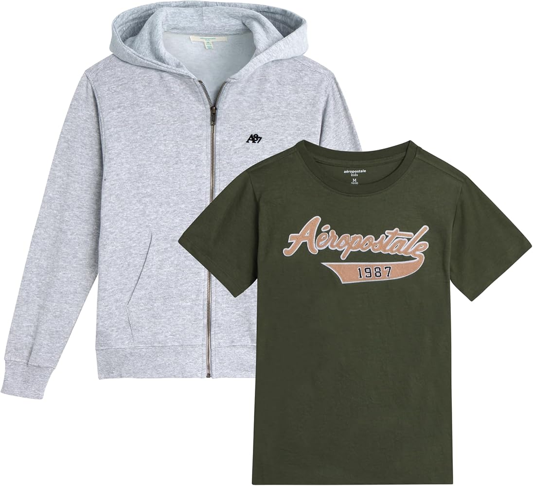 AEROPOSTALE Boys' Sweatshirt Set - 2 Piece Zip Hoodie Sweatshirt and Short Sleeve T-Shirt - Casual Tops for Layering (4-16)