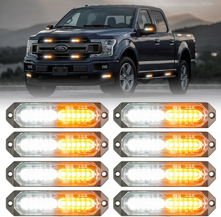 8-Pcs 12 LED Sync Feature Emergency Strobe Grille Lights Ultra Slim Surface Mount Hazard Warning Flashing Chase Light Bar for Construction/Police/Truck/Vehicles/Car/SUV/ATV/UTV (Amber/White)