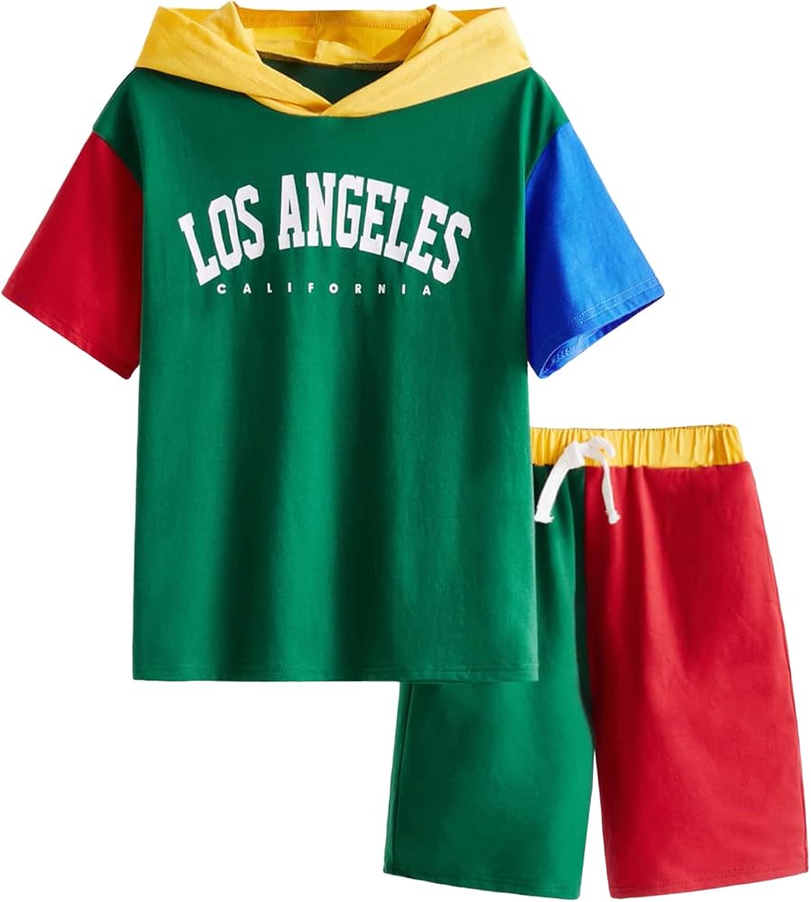 WDIRARA Boy's 2 Piece Outfit Letter Print Colorblock Hooded Top and Drawstring Track Shorts Set