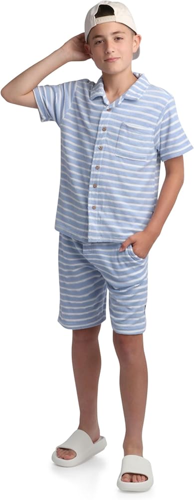 Ben Sherman Boys' Shorts Set - 2 Piece Cabana Terry Cloth Shorts and Button Down T-Shirt - Boy Summer Outfits (8-14)